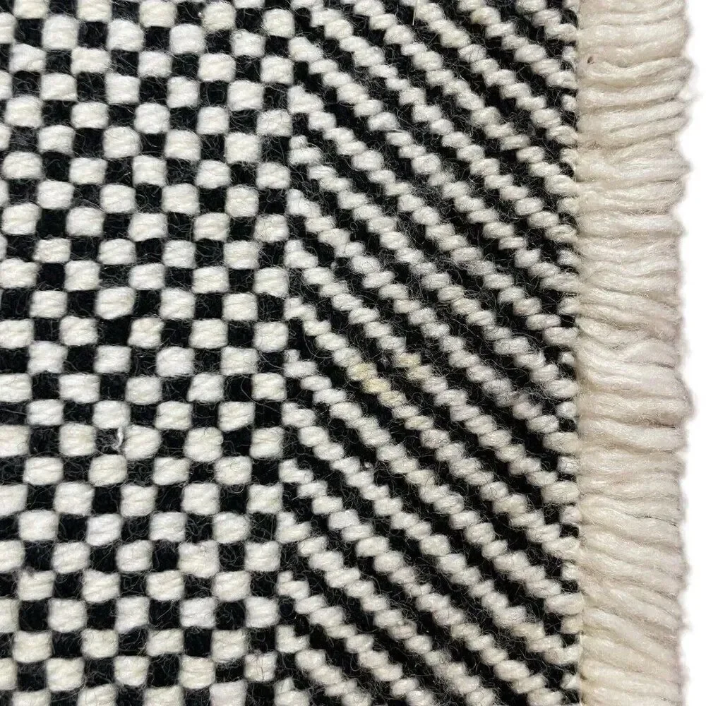 Vintage 1980s Woven Black & White Fringe Placemats Set 2 Checked 17 x 11 Unique